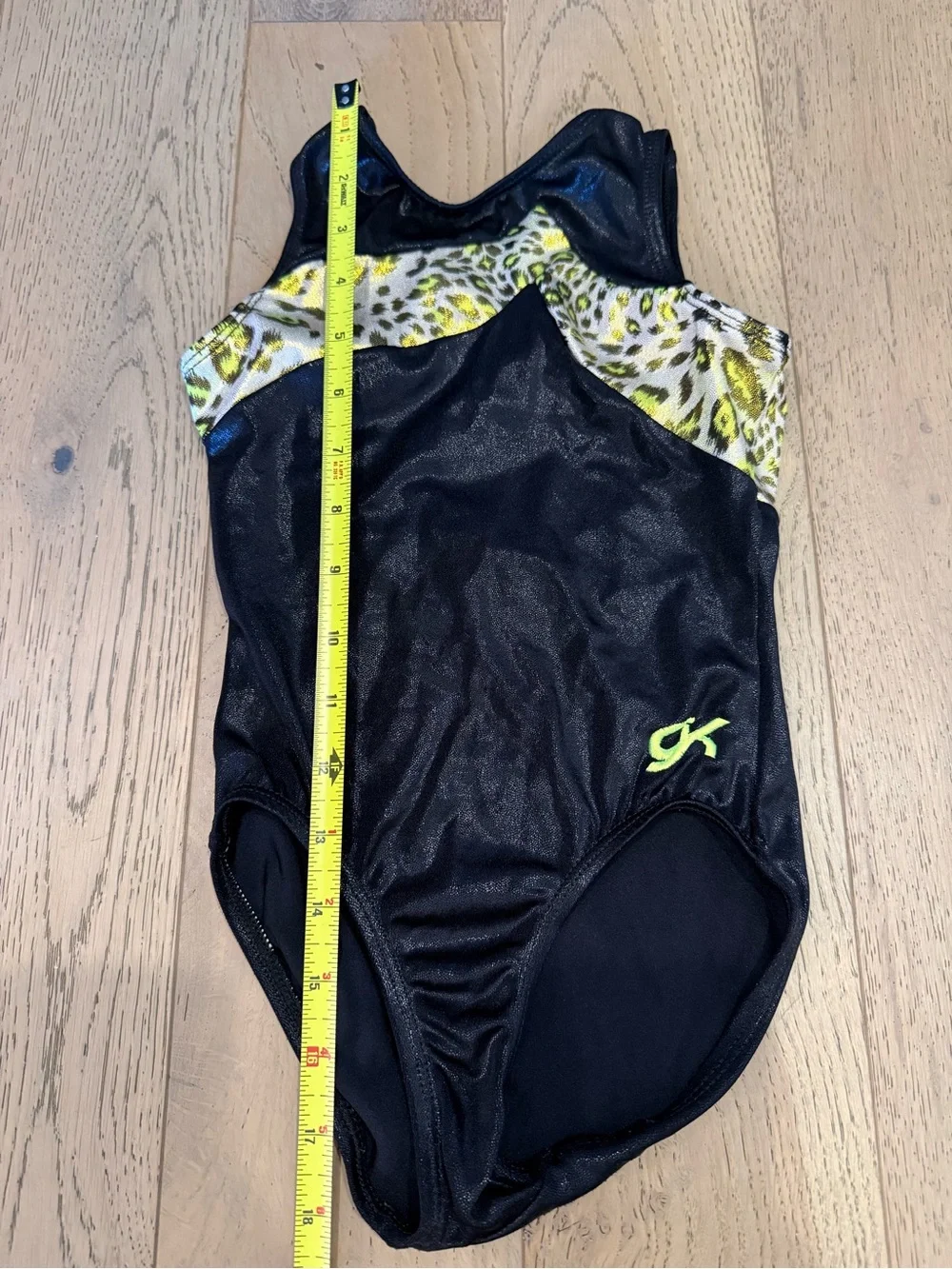GK Elite Girls Gymnastics Leotard Black Neon Yellow Leopard Print